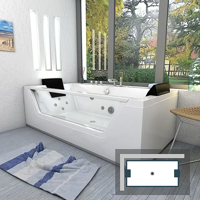 AcquaVapore Badewanne Fertigdusche W83-A-SC - Acryl, Weiß - Weiße Whirlpool-Badewanne mit transparenter Seitenwand, schwarzen Kopfstützen und Chromarmaturen in einem modernen Badezimmer mit Gartenblick.