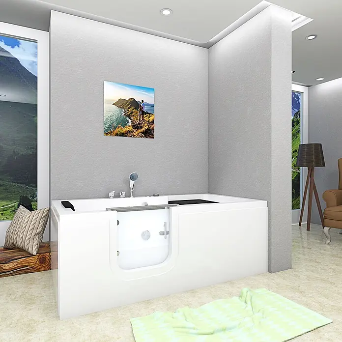 AcquaVapore Badewanne Fertigdusche S15WP-EH-L - Acryl, Weiß - Weiße begehbare Badewanne mit klarer Einstiegstür in modernem Badezimmer.