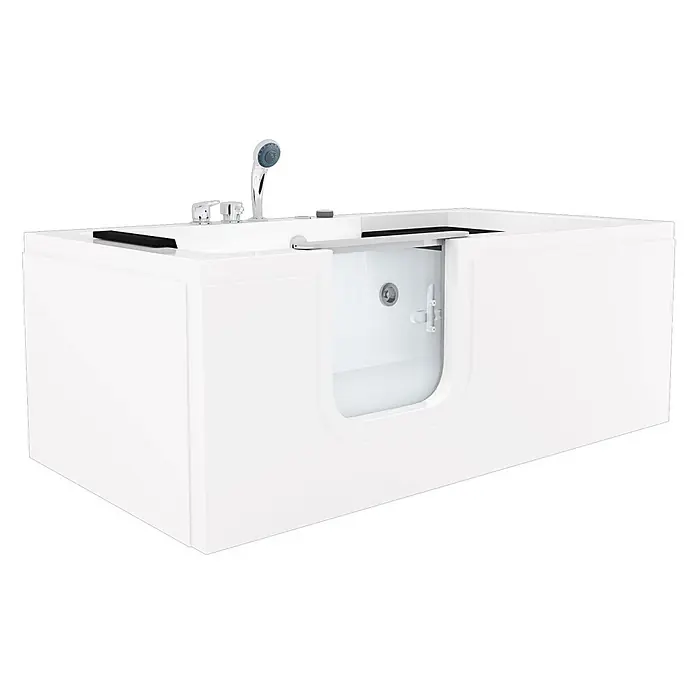 AcquaVapore Badewanne Fertigdusche S15WP-EH-L - Acryl, Weiß - Weiße Badewanne mit transparenter Einstiegstür, integrierter Dusche und Armaturen.