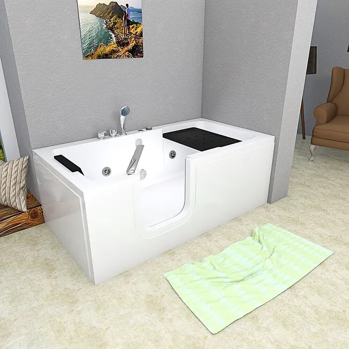 AcquaVapore Badewanne Fertigdusche S15WP-EH-L - Acryl, Weiß - Weiße begehbare Badewanne mit schwarzem Sitz, für einfachen Zugang, in einem Badezimmer.