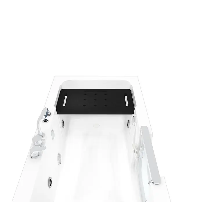 AcquaVapore Badewanne Fertigdusche S15WP-EH-L - Acryl, Weiß - Weiße begehbare Badewanne mit schwarzem Badewannenbrett, Chromarmaturen und Düsen für Barrierefreiheit und Komfort.