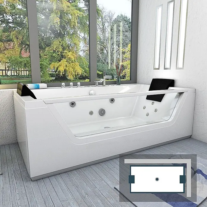 AcquaVapore Badewanne Fertigdusche W83R-TH-C - Acryl, Weiß - Weißer moderner Whirlpool mit schwarzen Kopfstützen in einem Bad mit großem Fenster. Ein Diagramm des Wannenlayouts ist in der Ecke.