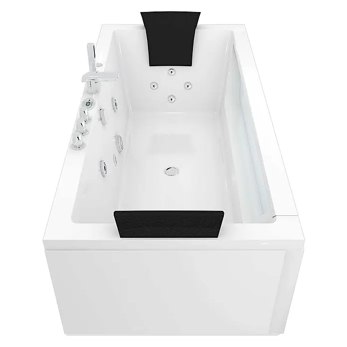AcquaVapore Badewanne Fertigdusche W83R-TH-C - Acryl, Weiß - Weißer Whirlpool-Badewanne mit schwarzen Kopfstützen und integrierten Chromarmaturen.