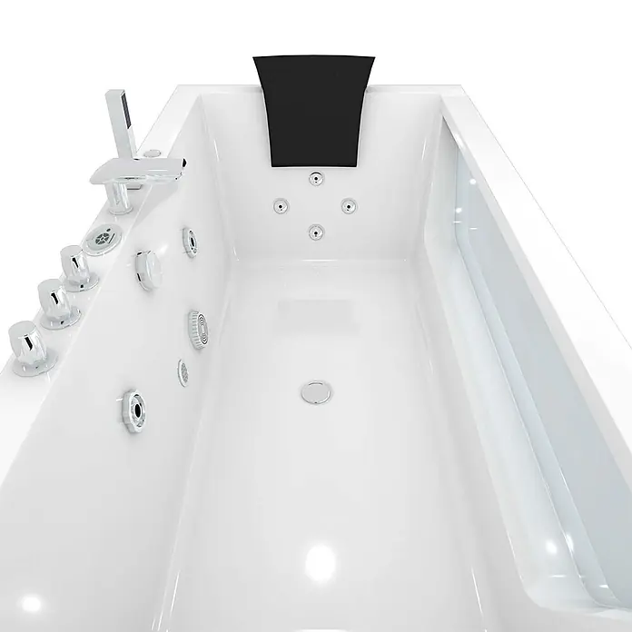 AcquaVapore Badewanne Fertigdusche W83R-TH-C - Acryl, Weiß - Weiße Whirlpool-Badewanne mit schwarzer Kopfstütze, integrierter Armatur und Bedienelementen.