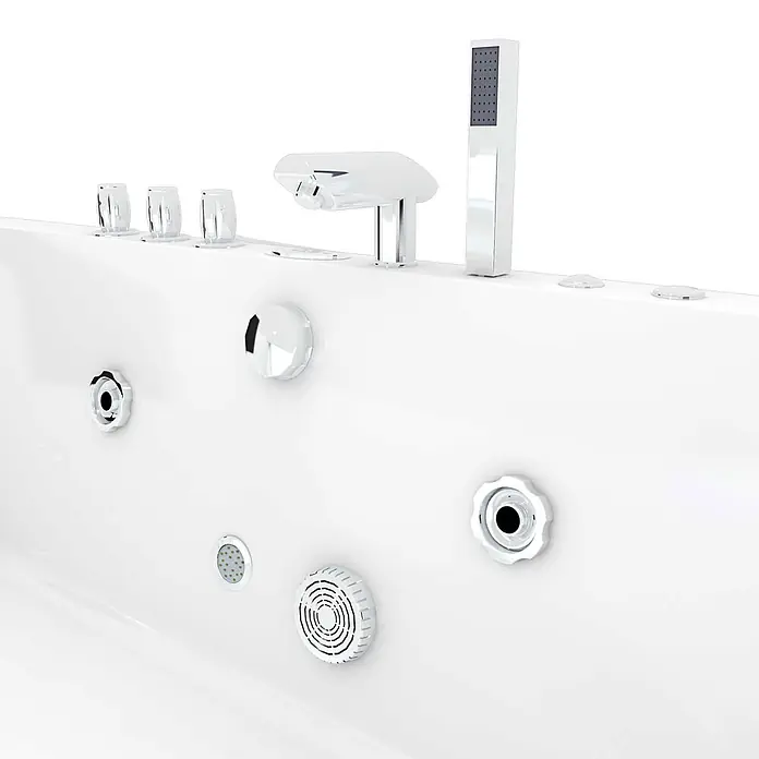 AcquaVapore Badewanne Fertigdusche W83R-TH-C - Acryl, Weiß - Weiße Whirlpool-Badewanne mit integriertem Chrom-Wasserhahn, Handbrause, Bedienknöpfen und Hydro-Massagedüsen.