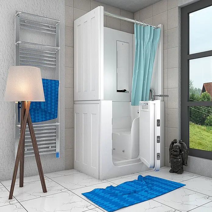 AcquaVapore Badewanne Fertigdusche S08D-WP-TH-C-R - 110 x 68 cm, Acryl, Weiß - Weiße barrierefreie Badewanne mit integriertem Sitz und blauem Duschvorhang für einfaches Duschen und Baden.
