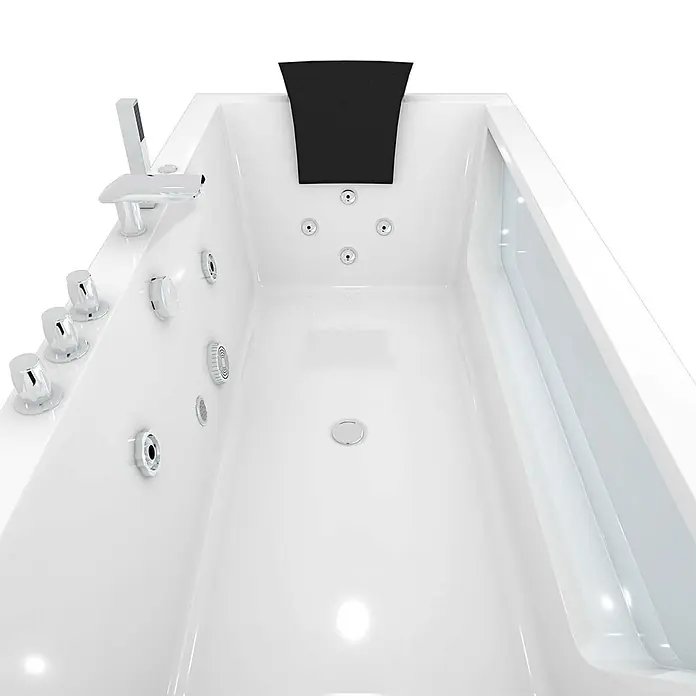 AcquaVapore Badewanne Fertigdusche W83-C - Acryl, Weiß - Weißer Whirlpool mit Chromarmaturen, mehreren Düsen und schwarzer Kopfstütze.
