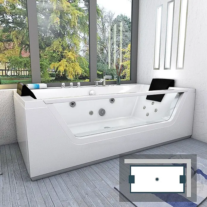 AcquaVapore Badewanne Fertigdusche W83-C - Acryl, Weiß - Weißer moderner Whirlpool mit klarer Scheibe, mehreren Düsen und schwarzen Kopfstützen in einem hellen Badezimmer mit großer Fensterfront.