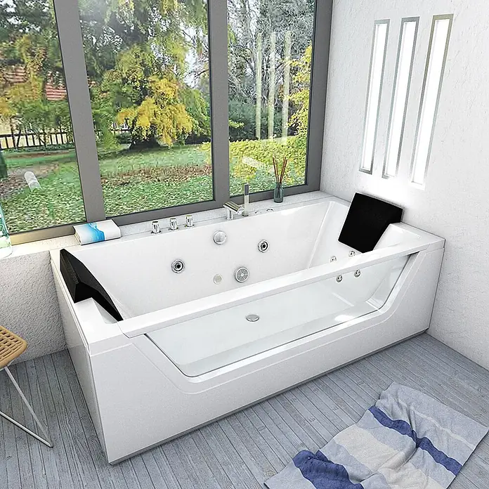 AcquaVapore Badewanne Fertigdusche W83-C - Acryl, Weiß - Weiße Whirlpool-Badewanne mit Chromdüsen und schwarzer Kopfstütze in einem modernen Badezimmer.