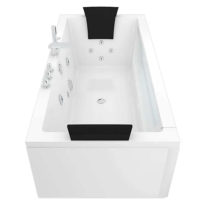 AcquaVapore Badewanne Fertigdusche W83-C - Acryl, Weiß - Weiße rechteckige Whirlpool-Badewanne mit schwarzen Kopfstützen, Chromarmatur und mehreren Hydromassagedüsen.