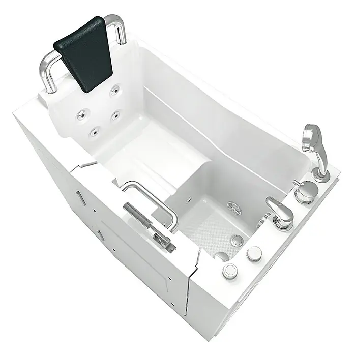 AcquaVapore Badewanne Fertigdusche S08WP-B-L - 110 x 68 cm, Acryl, Weiß - Weiße barrierefreie Badewanne mit Sitz, Chromarmaturen, Hydro-Jets und schwarzer Kopfstütze.