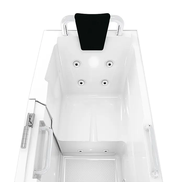 AcquaVapore Badewanne Fertigdusche S07WP-TH-C-R - 140 x 76 cm, Acryl, Weiß - Weiße begehbare Badewanne mit schwarzer Kopfstütze, integriertem Sitz, Hydromassagedüsen und verchromten Haltegriffen.