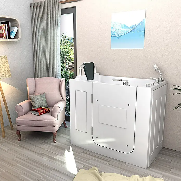 AcquaVapore Badewanne Fertigdusche S08WP-B-L - 110 x 68 cm, Acryl, Weiß - Weiße barrierefreie Badewanne mit integrierter Armatur und Duschkopf, für ein modernes Badezimmer.