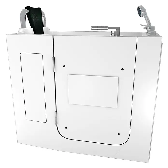 AcquaVapore Badewanne Fertigdusche S08WP-B-L - 110 x 68 cm, Acryl, Weiß - Weiße Einstiegswanne mit Seitentür, integriertem Wasserhahn, Duschkopf und Haltegriff, für barrierefreies Baden.