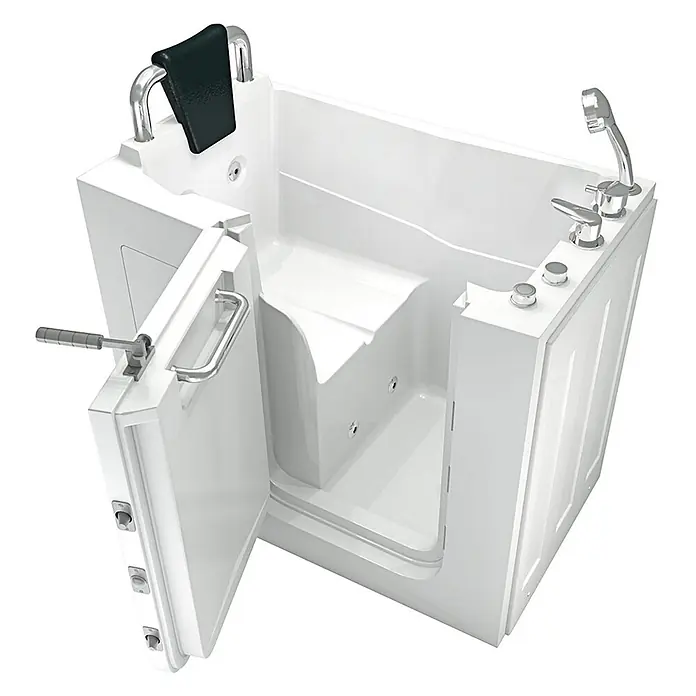 AcquaVapore Badewanne Fertigdusche S08WP-B-L - 110 x 68 cm, Acryl, Weiß - Weißer begehbarer Badewanne mit barrierefreier Seitentür, integriertem Sitz, schwarzer Kopfstütze, Haltegriffen und Chromarmaturen, inklusive Handbrause.