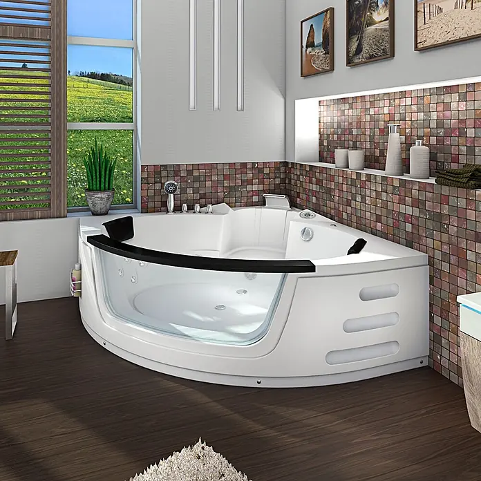 AcquaVapore Badewanne Fertigdusche W05R-SC - Acryl, Weiß - Weiße Eckbadewanne mit klarer Glasfront und schwarzen Akzenten, in einem modernen Badezimmer installiert.