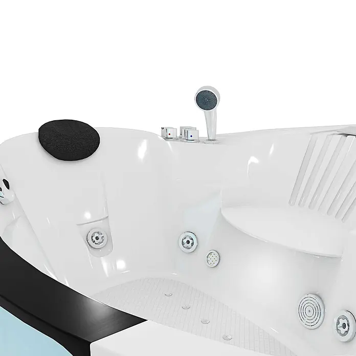 AcquaVapore Badewanne Fertigdusche W25 - Acryl, Weiß - Weiße Whirlpool-Badewanne mit schwarzer Kopfstütze, integrierten Bedienelementen, mehreren Hydromassage-Düsen und Handbrause.