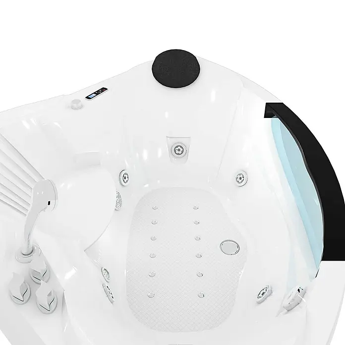 AcquaVapore Badewanne Fertigdusche W25 - Acryl, Weiß - Weißer Eck-Whirlpool mit schwarzer Kopfstütze, integrierten Bedienelementen und silbernen Hydro-Massagedüsen, von oben gesehen.