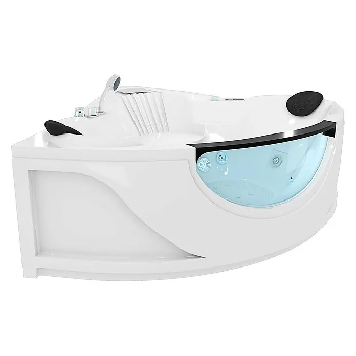 AcquaVapore Badewanne Fertigdusche W25 - Acryl, Weiß - Weißer Eckwhirlpool mit transparenter Frontplatte, schwarzen Kopfstützen und integrierter Dusche und Armatur.