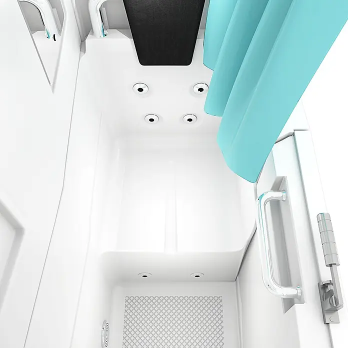 AcquaVapore Badewanne Fertigdusche S08D-WP-B-R - 110 x 68 cm, Acryl, Weiß - Modernes weißes Duschkabineninterieur mit aquablauem Vorhang, schwarzem Sitz und mehreren Düsen.