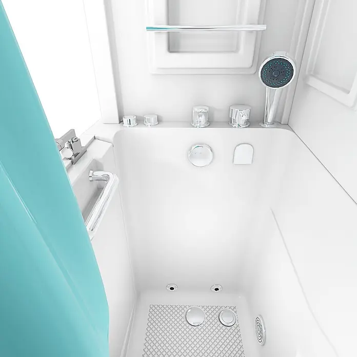 AcquaVapore Badewanne Fertigdusche S08D-WP-B-R - 110 x 68 cm, Acryl, Weiß - Kompakte weiße Badewanne mit Chromarmaturen, Duschkopf und blauem Duschvorhang. Verfügt über einen strukturierten rutschfesten Boden und Haltegriff.