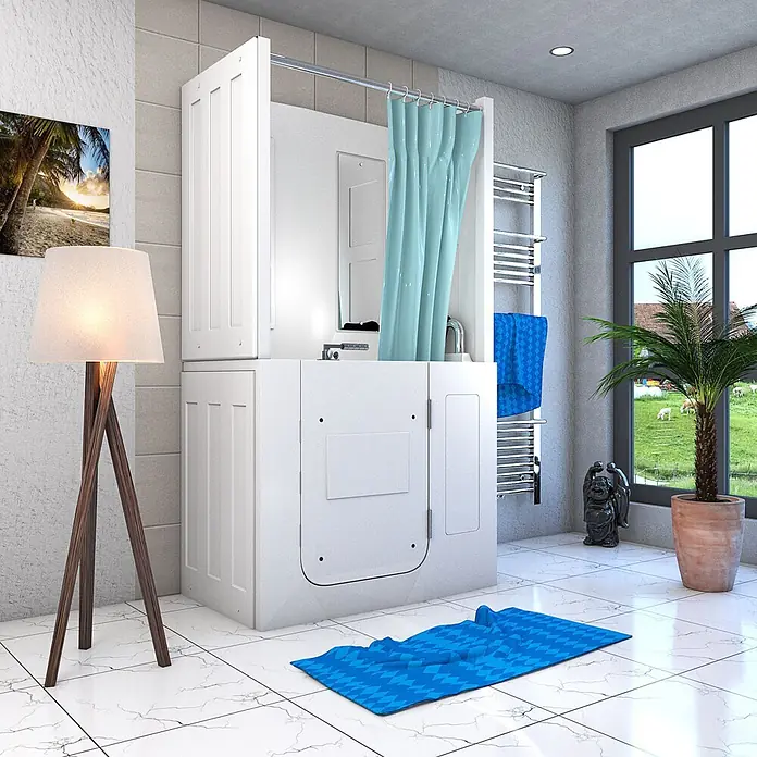 AcquaVapore Badewanne Fertigdusche S08D-WP-B-R - 110 x 68 cm, Acryl, Weiß - Weiße barrierefreie Badewanne mit integrierter Dusche und blauem Duschvorhang in einem modernen Bad.