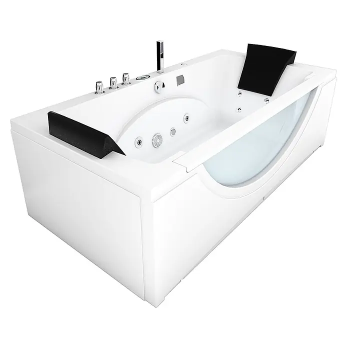 AcquaVapore Badewanne Fertigdusche W81R-TH-C-SC - Acryl, Weiß - Weißer Whirlpool mit schwarzen Kopfstützen und transparentem Seitenpanel.
