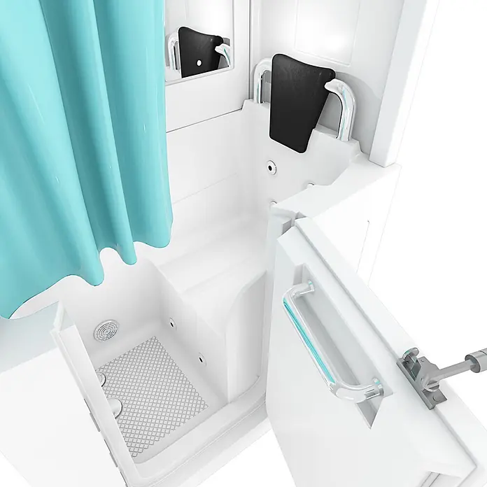 AcquaVapore Badewanne Fertigdusche S08D-WP-B-R - 110 x 68 cm, Acryl, Weiß - Weiße begehbare Badewanne mit offener Tür, integriertem Sitz, Haltegriffen und einem blauen Duschvorhang für barrierefreies Baden.