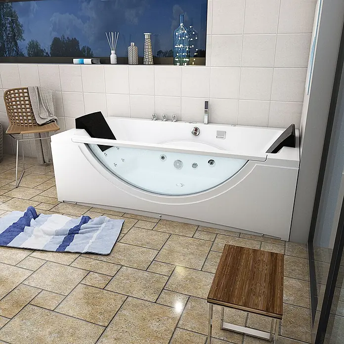 AcquaVapore Badewanne Fertigdusche W81R-TH-C-SC - Acryl, Weiß - Weiße Eck-Whirlpool-Badewanne mit klarer Frontscheibe und integrierten Düsen, in einem gefliesten Badezimmer.