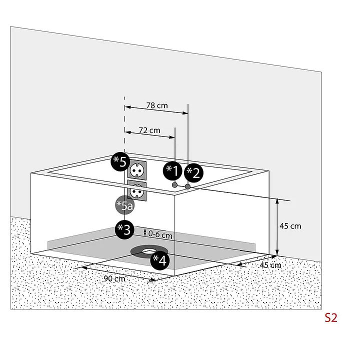 AcquaVapore Badewanne Fertigdusche W81H-TH-C-SC - Acryl, Weiß - Installationsdiagramm einer rechteckigen Duschwanne mit Maßen, Wasseranschlüssen, Steckdosen und Abflusspunkten.