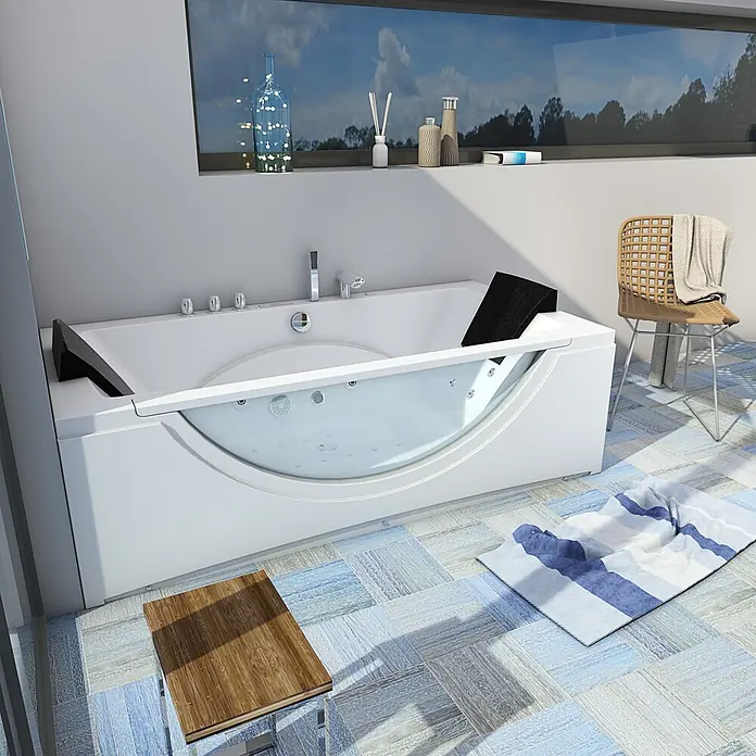 AcquaVapore Badewanne Fertigdusche W81H-A-SC - Acryl, Weiß - Weiße Badewanne mit transparenter Seitenwand und schwarzer Kopfstütze in einem modernen Badezimmer.