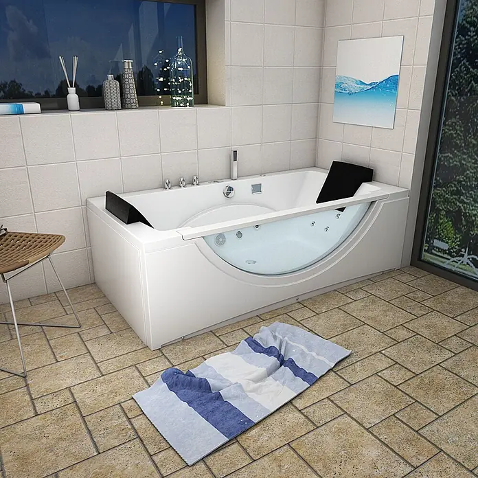 AcquaVapore Badewanne Fertigdusche W81R-TH-C-SC - Acryl, Weiß - Weiße moderne Whirlpool-Badewanne mit klarer Frontscheibe in einem gefliesten Badezimmer.