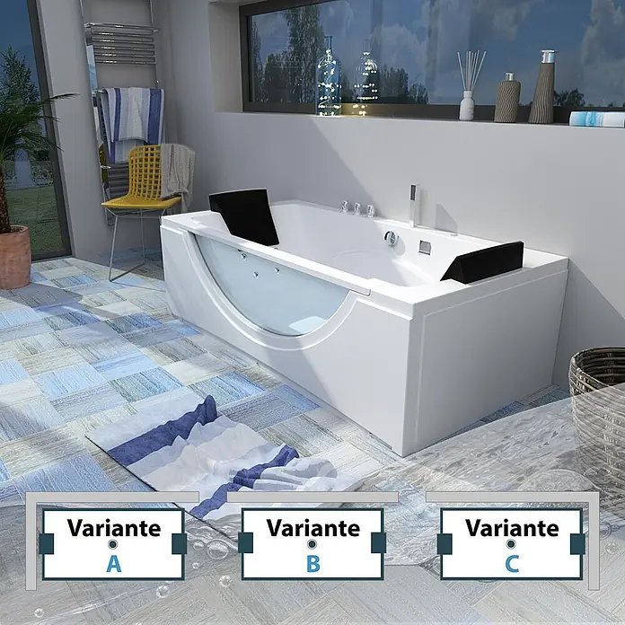 AcquaVapore Badewanne Fertigdusche W81H-TH-C-SC - Acryl, Weiß - Weiße Hydromassage-Badewanne mit geschwungener Glasfront und schwarzen Kopfstützen, in modernem Bad.