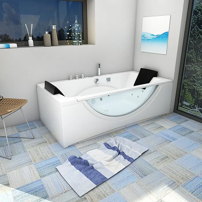 AcquaVapore Badewanne Fertigdusche W81R-C-SC - Acryl, Weiß - Weiße Eck-Whirlpool-Badewanne mit transparenter Front und schwarzen Kopfstützen in einem modernen Badezimmer.