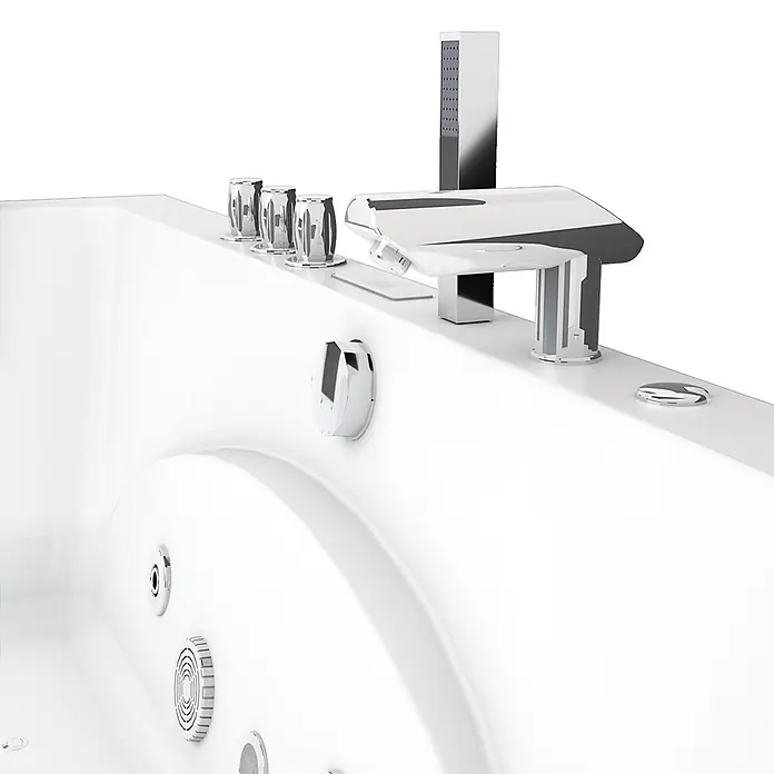 AcquaVapore Badewanne Fertigdusche W81H-TH-C-SC - Acryl, Weiß - Weiße Whirlpool-Badewanne mit integrierter Chromarmatur, Handbrause und Steuerdüsen.