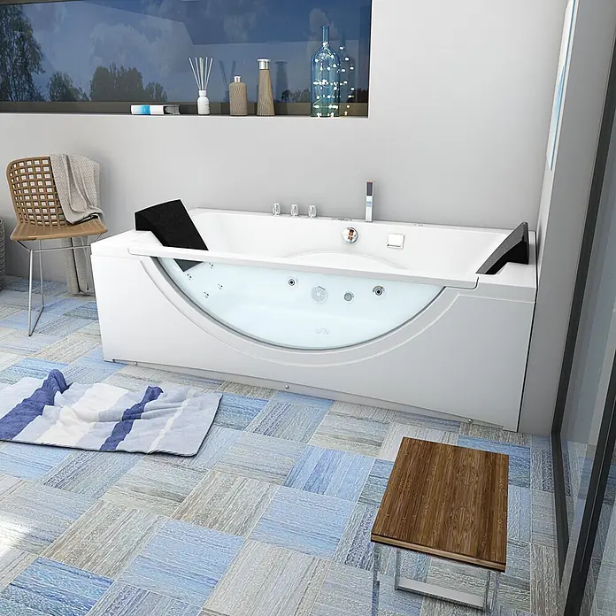AcquaVapore Badewanne Fertigdusche W81R-C-SC - Acryl, Weiß - Eine moderne weiße Badewanne mit klarer Frontscheibe und integrierten Düsen in einem hellen Badezimmer.