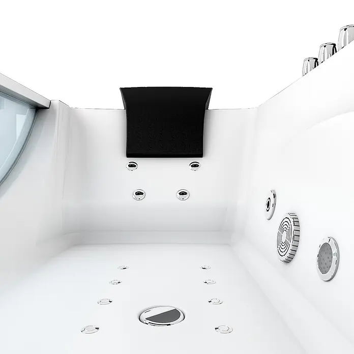 AcquaVapore Badewanne Fertigdusche W81H-TH-C-SC - Acryl, Weiß - Weißes Whirlpool-Interieur mit Chromdüsen, Bedienfeld und schwarzer Kopfstütze.