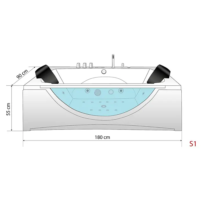 AcquaVapore Badewanne Fertigdusche W81H-A-SC - Acryl, Weiß - Weiße Whirlpool-Badewanne mit schwarzen Kopfstützen, integrierten Düsen, Bedienfeld und Armaturen. Maße: 180x90x55 cm.
