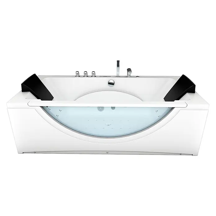 AcquaVapore Badewanne Fertigdusche W81H-B - Acryl, Weiß - Weißer Whirlpool mit schwarzen Kopfstützen, Chromarmaturen und transparenter Frontplatte, die Wasser und Düsen zeigt.