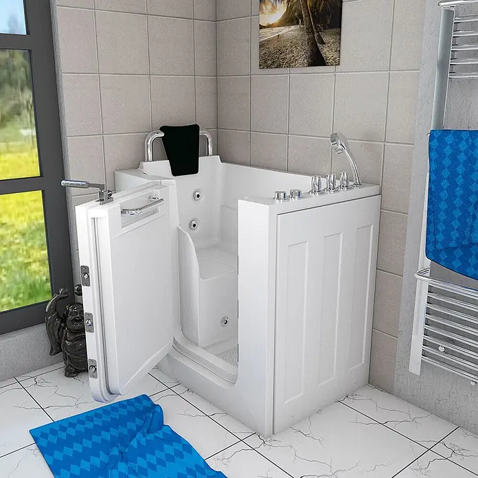 AcquaVapore Badewanne Fertigdusche S08WP-TH-A-L - 68 x 110 cm, Acryl, Weiß - Weiße begehbare Badewanne mit offener Tür, integriertem Sitz und silbernen Armaturen, für einfachen Badezugang.