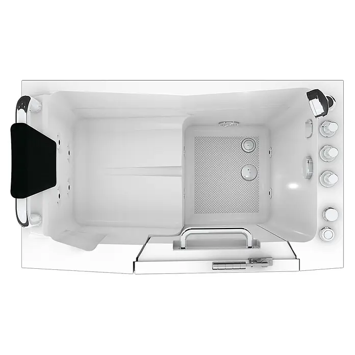 AcquaVapore Badewanne Fertigdusche S08WP-TH-C-L - 110 x 68 cm, Acryl, Weiß - Aufsicht auf eine weiße begehbare Badewanne mit Haltegriffen, Düsensteuerungen, rutschfestem Boden und schwarzer Kopfstütze.