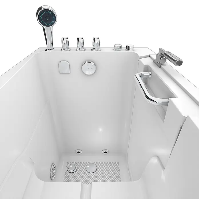 AcquaVapore Badewanne Fertigdusche S08WP-TH-C-L - 110 x 68 cm, Acryl, Weiß - Weiße barrierefreie Badewanne mit Chromarmaturen, Handbrause und Haltegriffen, rutschfester Boden für zugängliches Baden.