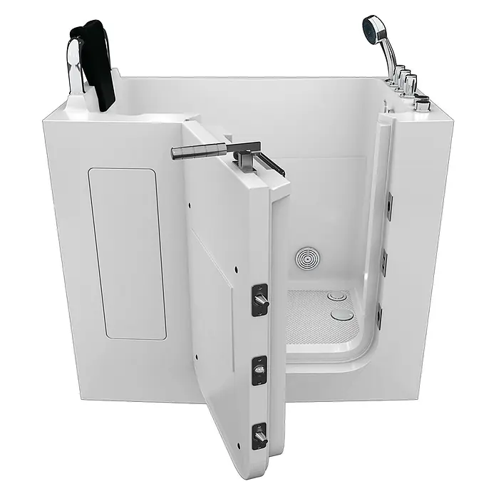 AcquaVapore Badewanne Fertigdusche S08WP-TH-C-L - 110 x 68 cm, Acryl, Weiß - Weiße begehbare Badewanne mit offener Tür für einfachen Zugang, mit Chromarmaturen, Handbrause und rutschfestem Boden.