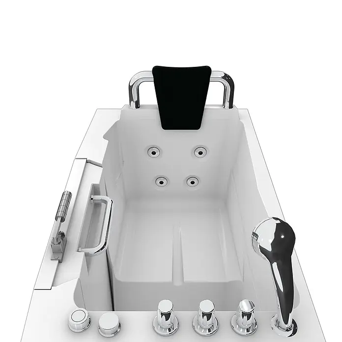 AcquaVapore Badewanne Fertigdusche S08WP-TH-C-L - 110 x 68 cm, Acryl, Weiß - Weiße begehbare Hydromassagewanne mit schwarzer Kopfstütze, Chrom-Haltegriffen und Düsen.