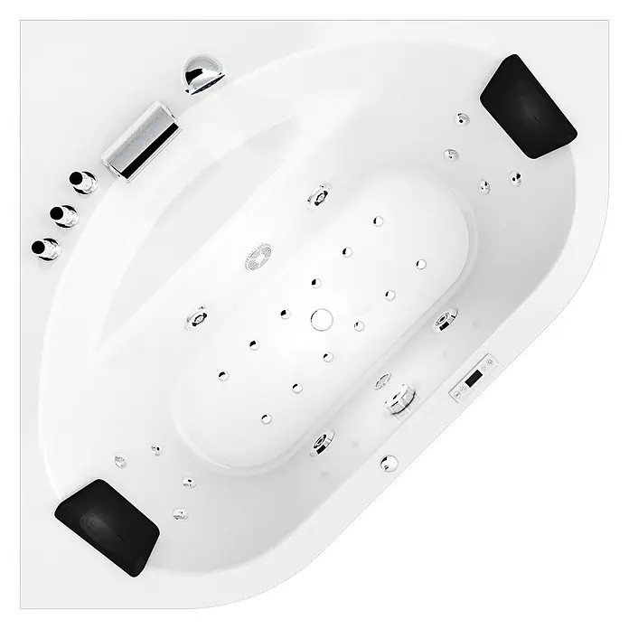 AcquaVapore Badewanne Fertigdusche W20H-TH - Acryl, Weiß - Weiße Eck-Whirlpool-Badewanne mit Chromdüsen, Armaturen und schwarzen Kopfstützen. Mit Bedienfeld.
