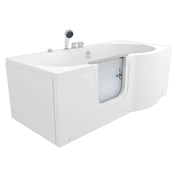 AcquaVapore Badewanne Fertigdusche S12-EH-AIR-L - Acryl, Weiß - Weiße Badewanne mit Einstieg, integrierter Duschbrause und transparenter Tür für einfachen Zugang.