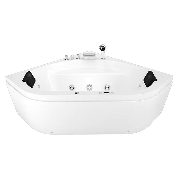 AcquaVapore Badewanne Fertigdusche W20H-TH - Acryl, Weiß - Weißer Eck-Whirlpool mit Hydromassagedüsen, schwarzen Kopfstützen und Chromarmaturen.