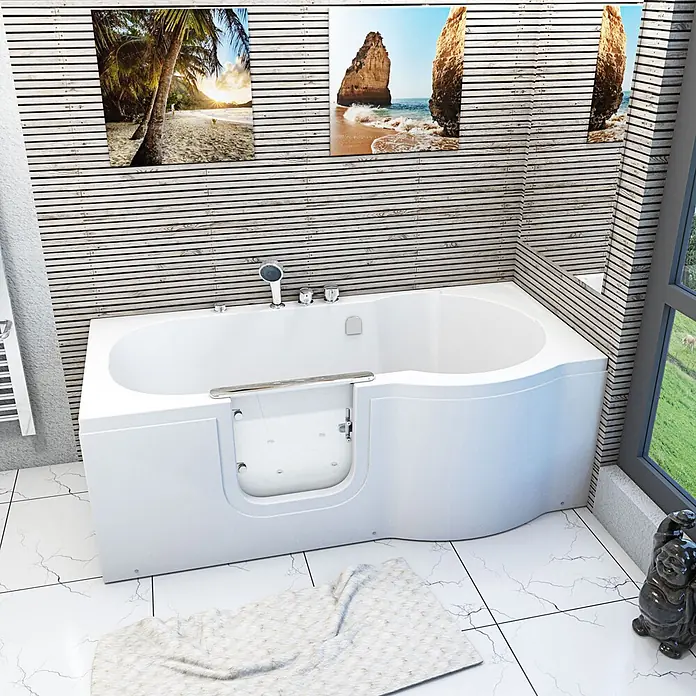 AcquaVapore Badewanne Fertigdusche S12-EH-AIR-L - Acryl, Weiß - Weiße Acryl-Einstiegswanne mit seitlicher Tür und Chromarmaturen für einfachen Zugang.