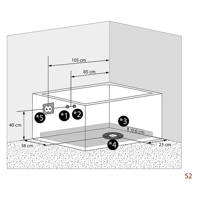 AcquaVapore Badewanne Fertigdusche S12-EH-AIR-L - Acryl, Weiß - Technische Zeichnung einer Badewanneninstallation mit Maßen für Wasser, Abfluss und Elektroanschlüsse.