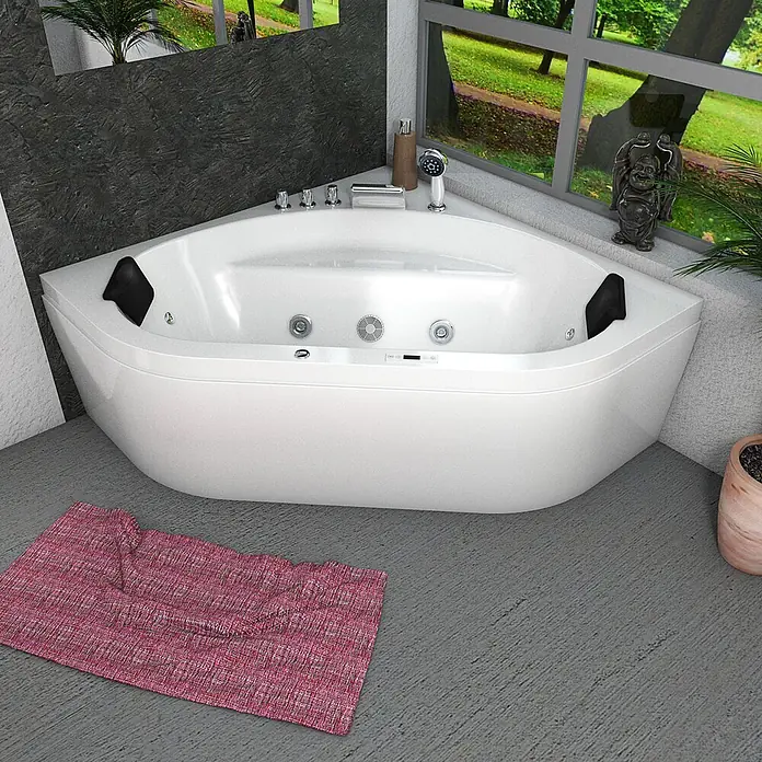 AcquaVapore Badewanne Fertigdusche W20H-TH - Acryl, Weiß - Weißer Eck-Whirlpool mit mehreren Düsen, Bedienelementen und Handbrause, in einem Badezimmer an einem Fenster platziert.